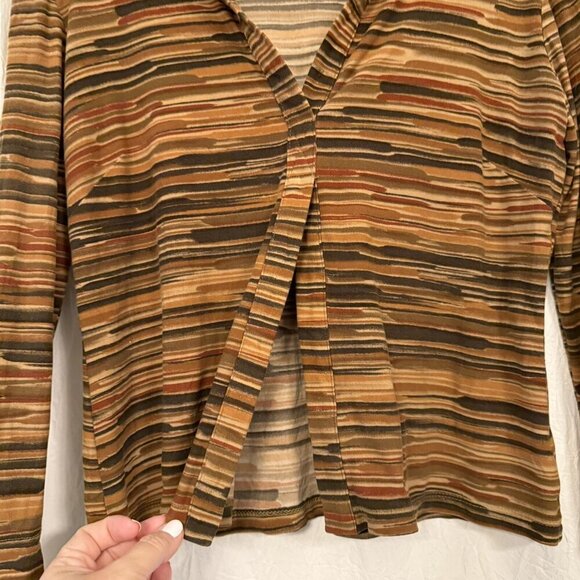 Vintage 90s Y2K Bebe Shirt Size Small Brown Stripes Collar Open Front Long Sleev - Picture 3 of 10